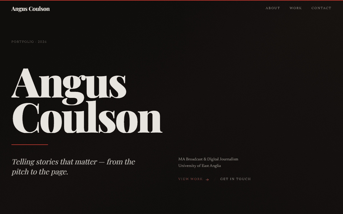 Screenshot of Angus Coulson — Journalist Portfolio